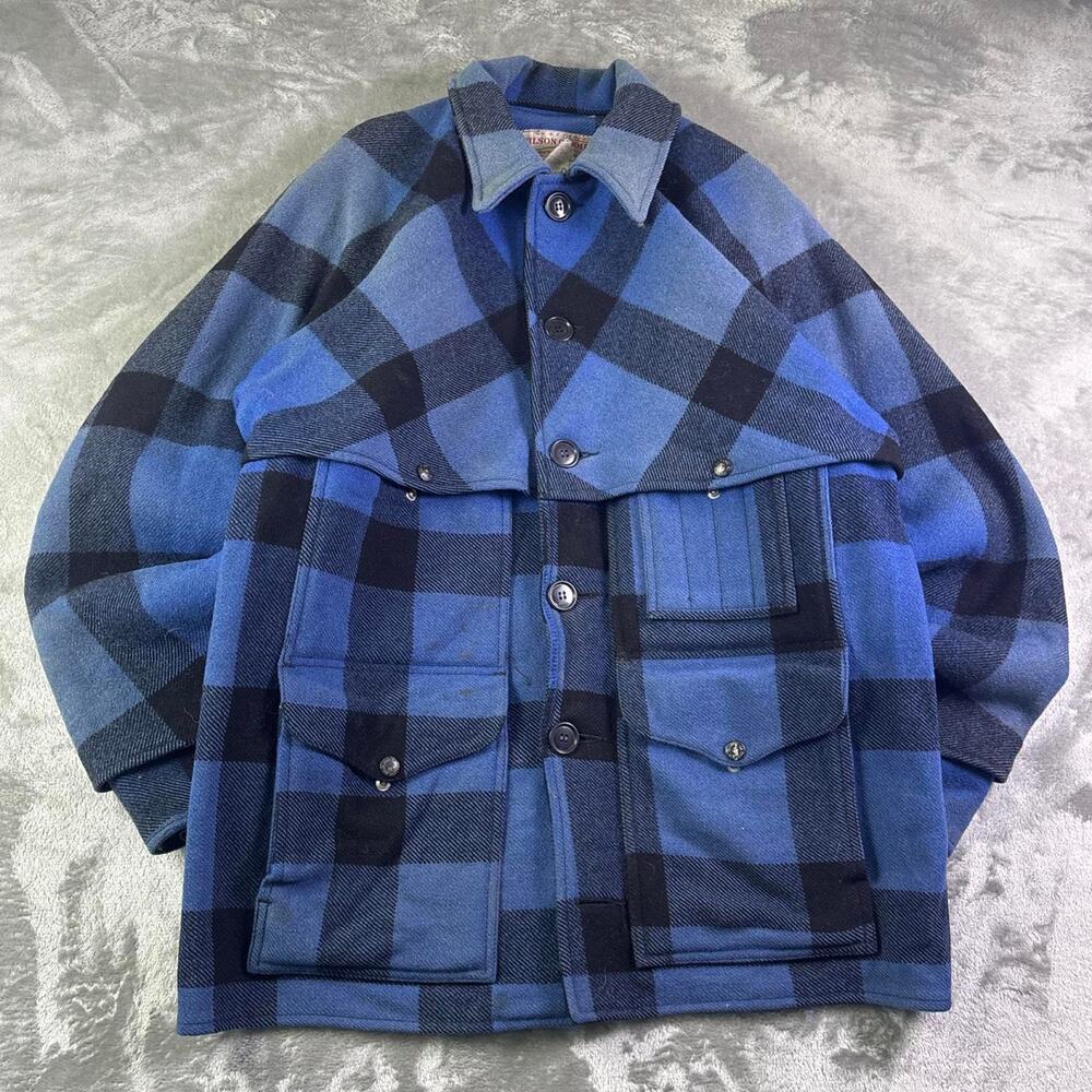 Vintage Filson Double Mackinaw Cruiser Jacket Blue Black Plaid Wool USA 42